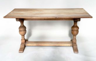 REFECTORY TABLE, early English style oak with planked top, cup and cover turned pillar trestles