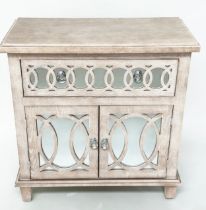 SIDE CABINET, limed oak, mirror panelled and tracery decorated with drawer and two doors, 80cm x