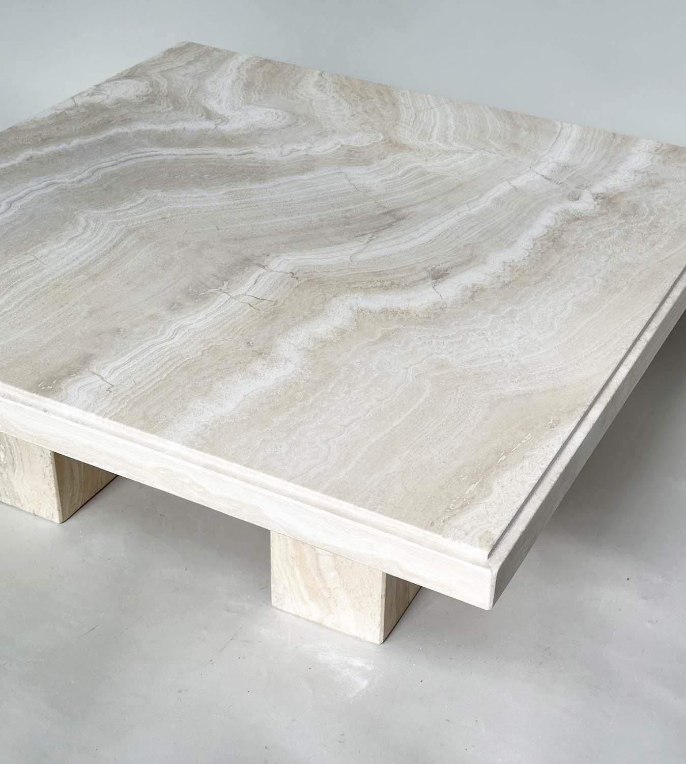 TRAVERTINE LOW TABLE, 1970's Italian travertine marble square with plinth support, 100cm x 100cm x - Image 4 of 9
