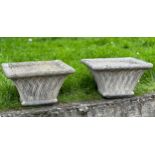 GARDEN PLANTERS, a pair, well weathered reconstituted stone square tapering with basket weave sides,