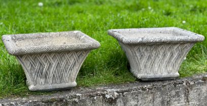 GARDEN PLANTERS, a pair, well weathered reconstituted stone square tapering with basket weave sides,