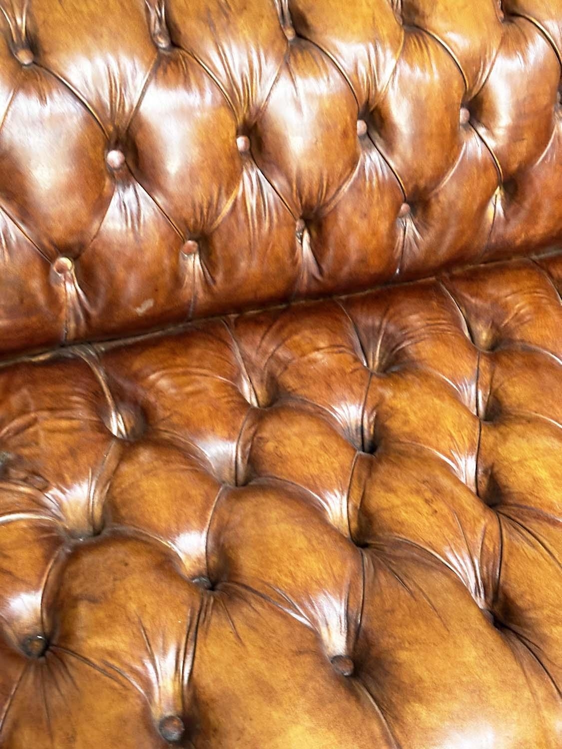 CHESTERFIELD SOFA, natural brass studded soft antique tan brown leather with deep buttoned arched - Image 5 of 9