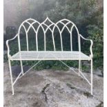 GARDEN BENCH, Gothic design white painted metal, 103cm H x 103cm W x 55cm D.