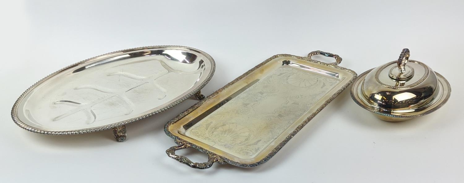 A COLLECTION OF SILVER PLATE, including Victorian tea and coffee service, entree dish, trays, twin - Image 17 of 39