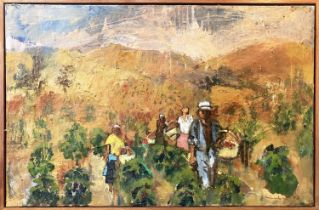 SOUTH AMERICAN LANDSCAPE WITH FIGURES, oil on canvas, signed, framed.