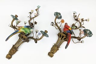 WALL SCONCES, a pair, parrot design, ceramic and gilt metal, 54cm H x 44cm W. (2)