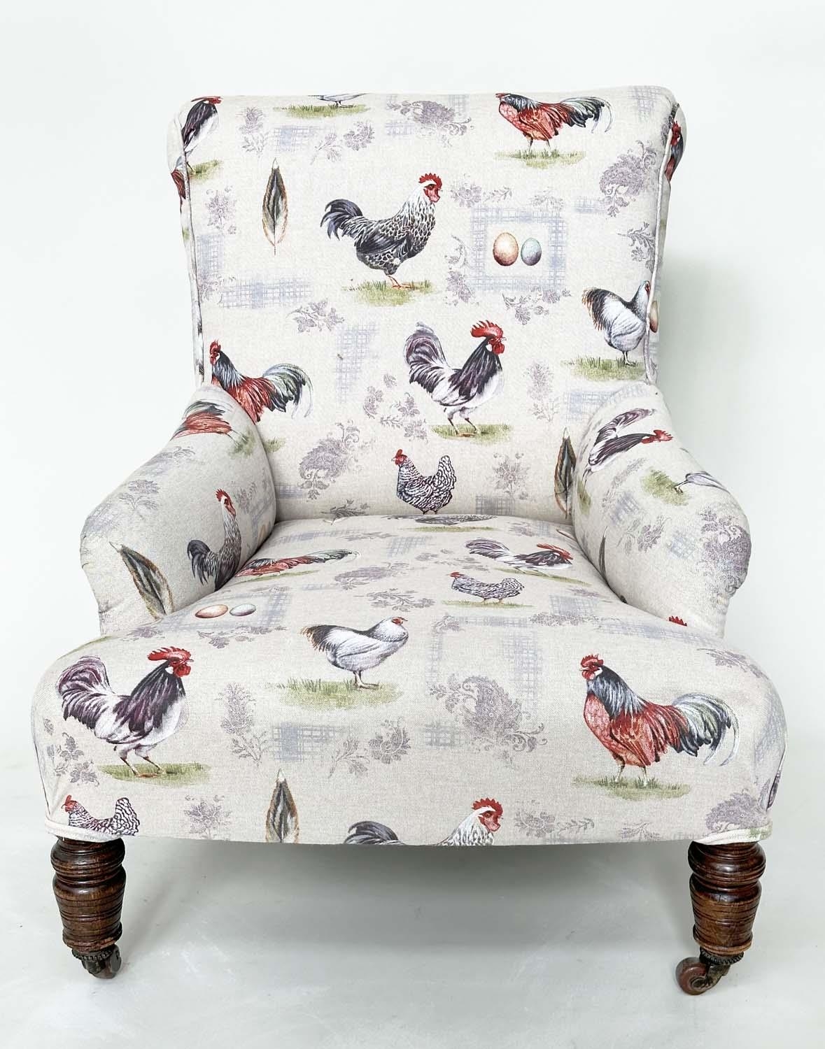 ARMCHAIR, early 20th century mahogany with cockerel and hen print upholstery and turned front - Image 4 of 7