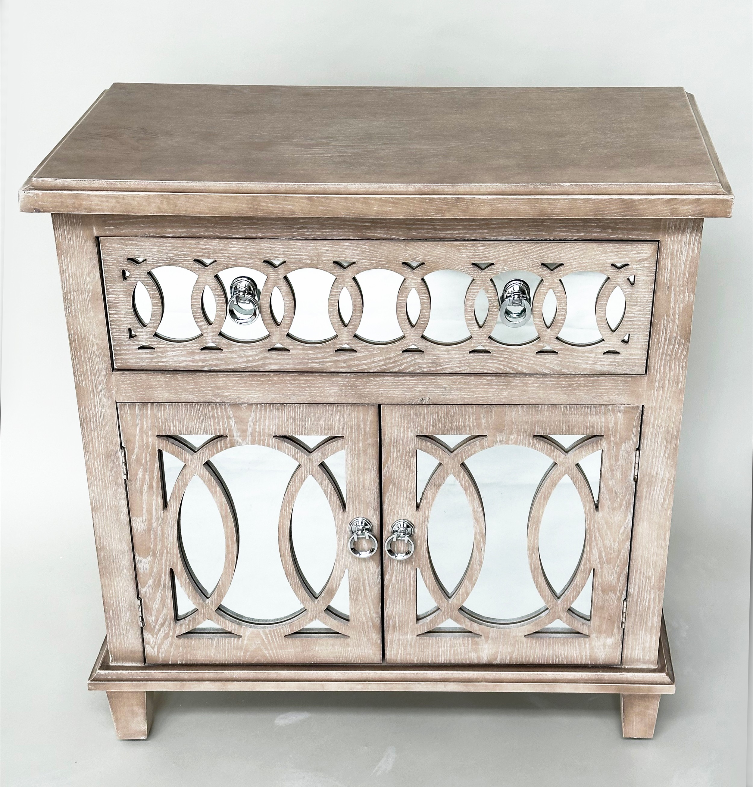 SIDE CABINET, limed oak, mirror panelled and tracery decorated with drawer and two doors, 80cm x - Image 7 of 7