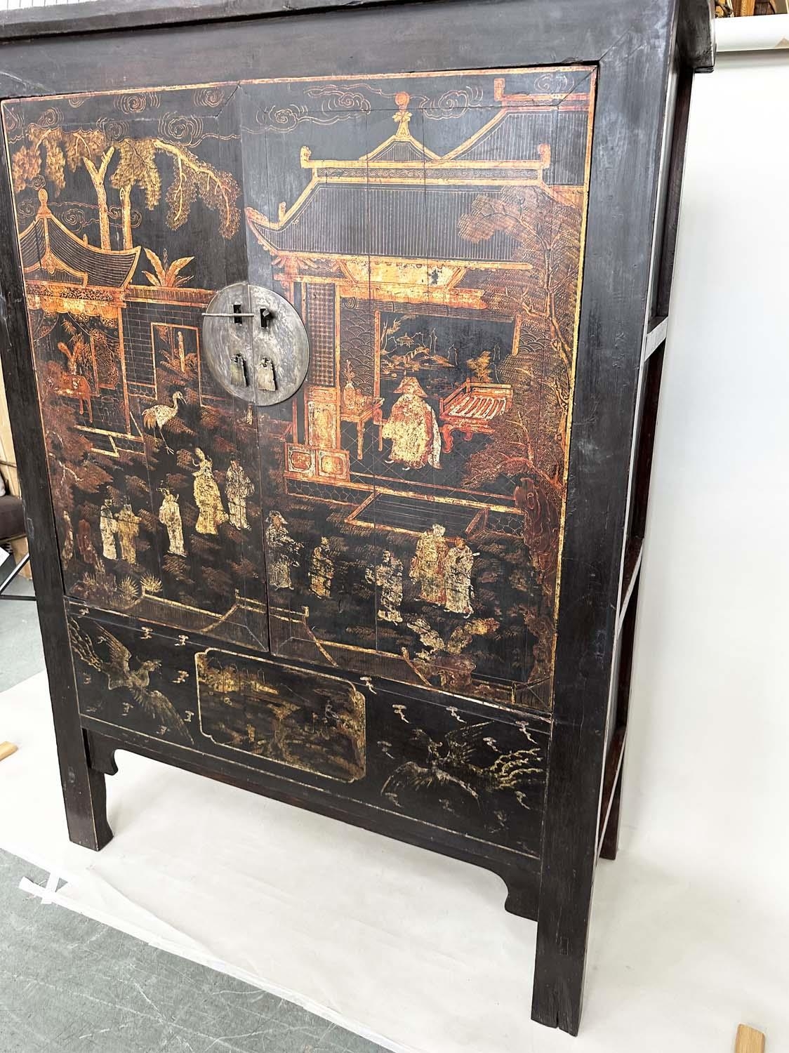MARRIAGE CABINET, 19th century Chinese gilt and polychrome Chinoiserie decorated with two doors - Image 9 of 10