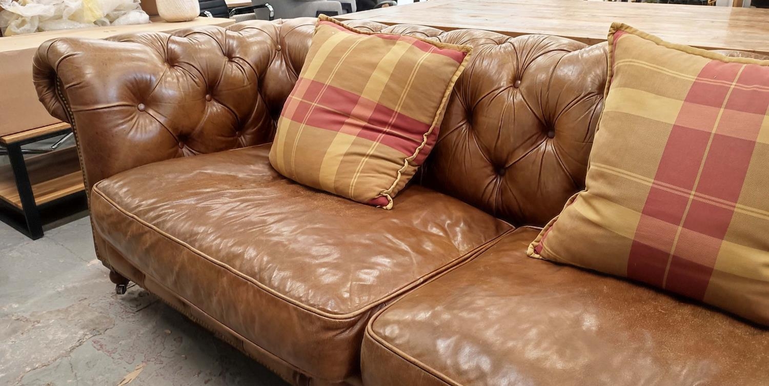 CHESTERFIELD SOFA, in buttoned brown leather, 95cm D x 80cm H x 255cm W, with two cushions. - Image 4 of 8