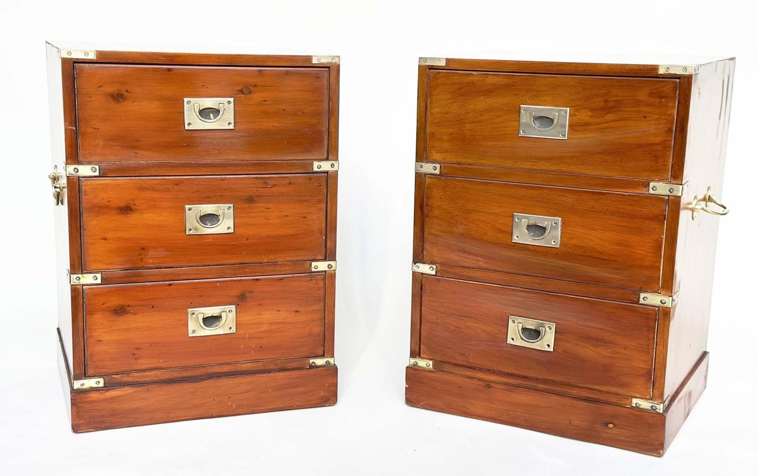 CAMPAIGN STYLE CHESTS, a pair, yewwood and brass bound each with three drawers, 46cm x 38cm x 63cm - Image 5 of 9