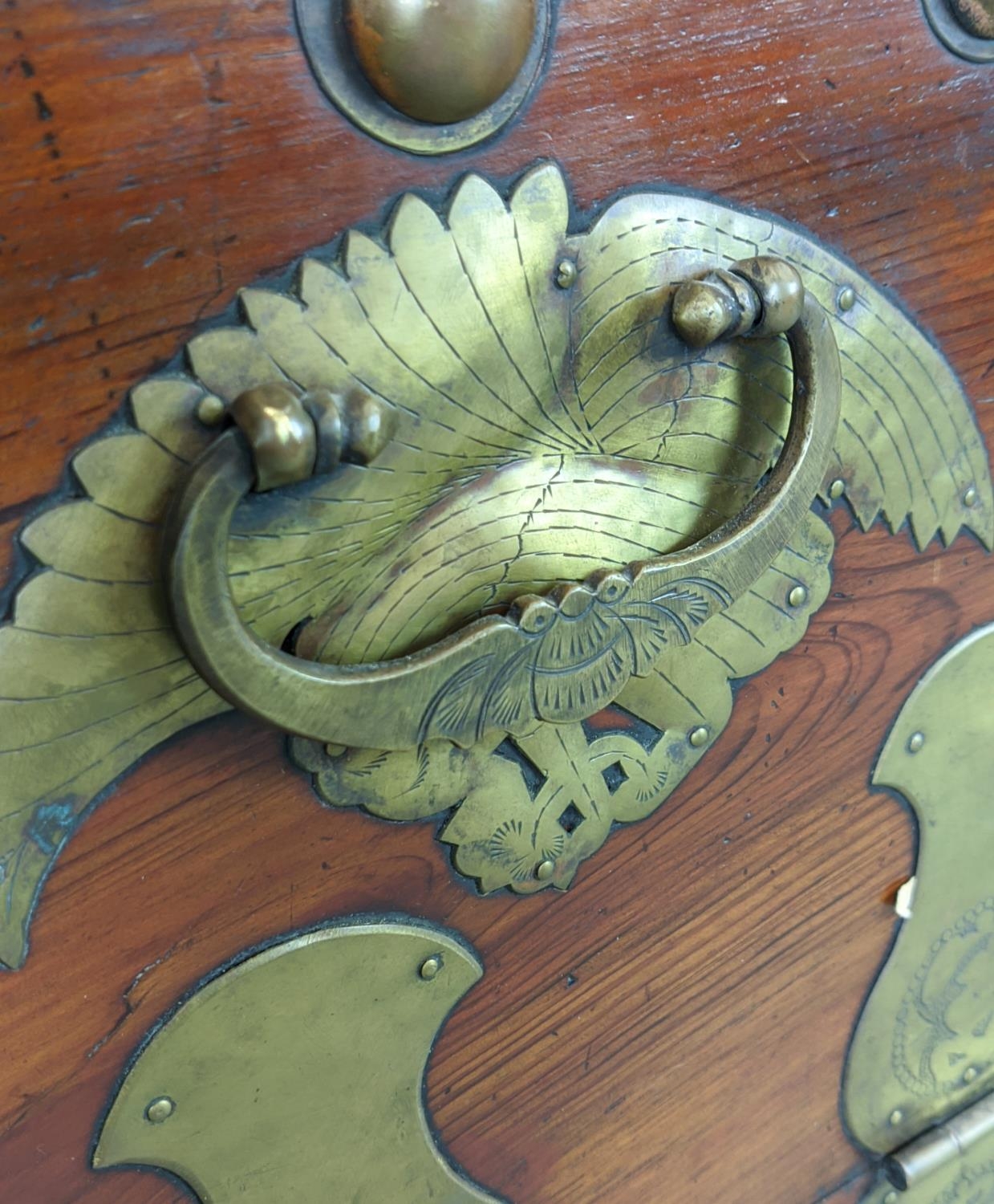 CHEST, 19th century Korean firwood and brass mounted with fall front enclosing four drawers, 99cm - Image 6 of 15