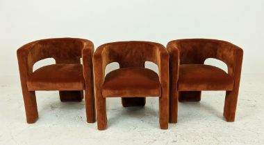 SIDE CHAIRS, a set of three, 1970s Italian style, orange velvet upholstered, 68cm H. (3)