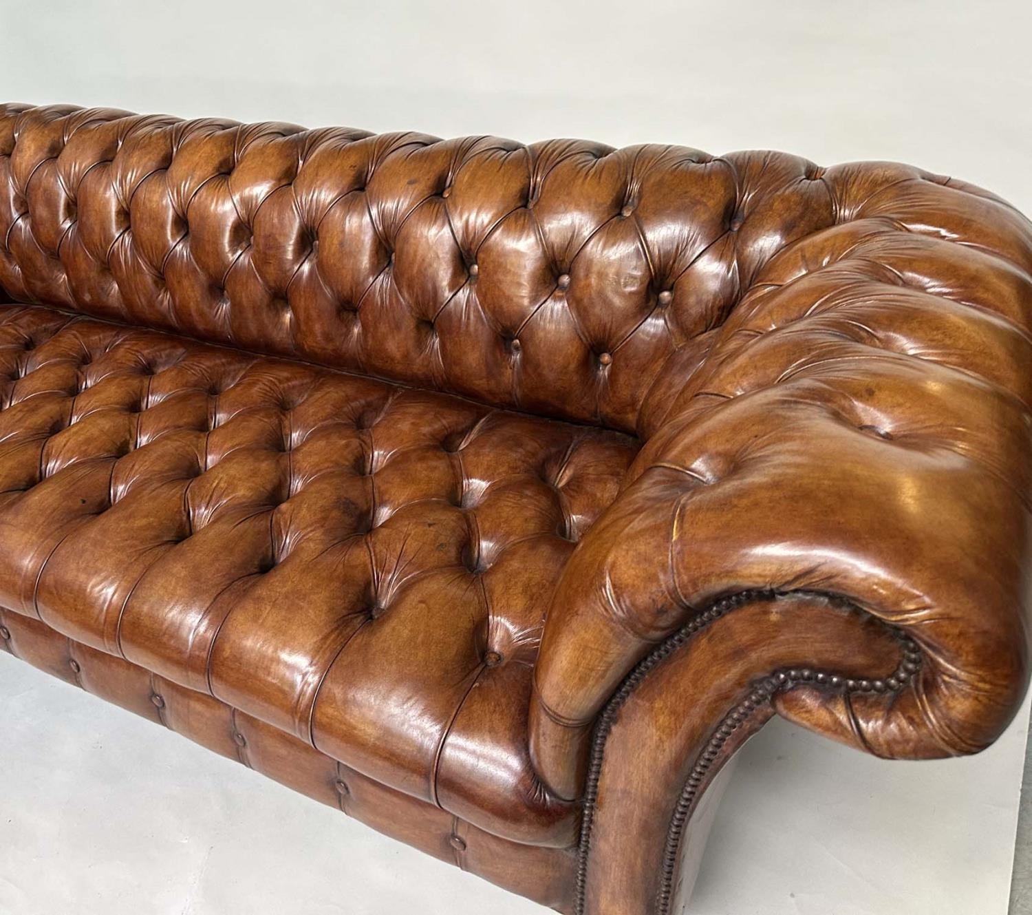 CHESTERFIELD SOFA, natural brass studded soft antique tan brown leather with deep buttoned arched - Image 7 of 9