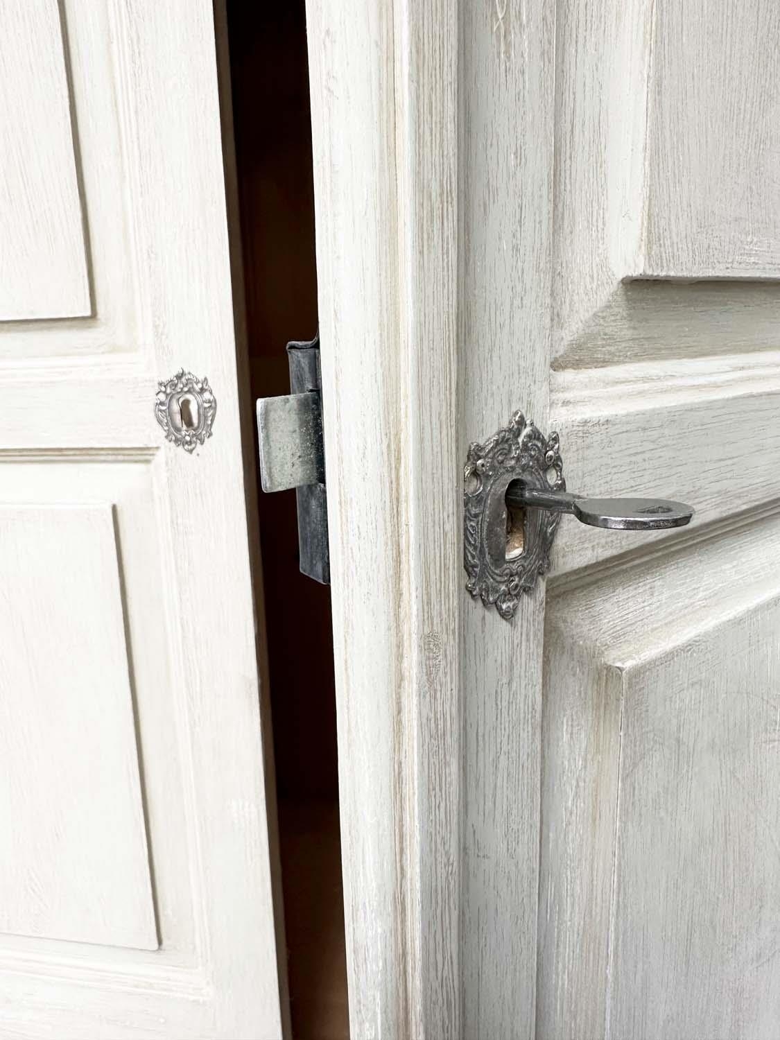 ARMOIRE, French style grey painted with two panelled doors enclosing hanging space above four - Image 5 of 11