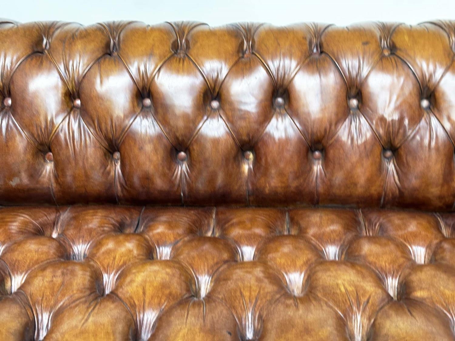 CHESTERFIELD SOFA, natural brass studded soft antique tan brown leather with deep buttoned arched - Image 4 of 9