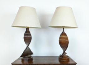 TABLE LAMPS, a pair, of helix timber form, with linen shades, 90cm H approx. (2)