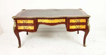 BUREAU PLAT, Louis XV style brass mounted with brown leather top above five drawers, 82cm H x