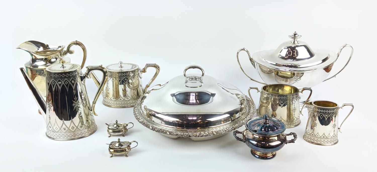 A COLLECTION OF SILVER PLATE, including Victorian tea and coffee service, entree dish, trays, twin - Image 3 of 39