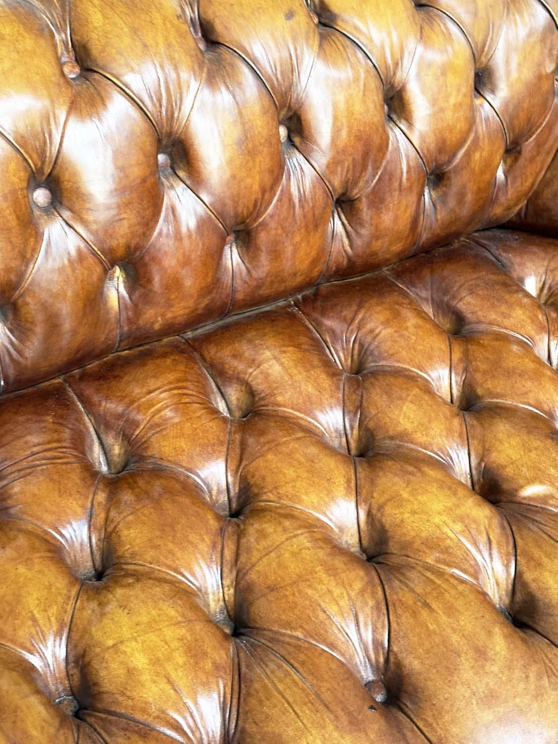 CHESTERFIELD SOFA, natural brass studded soft antique tan brown leather with deep buttoned arched - Image 6 of 9