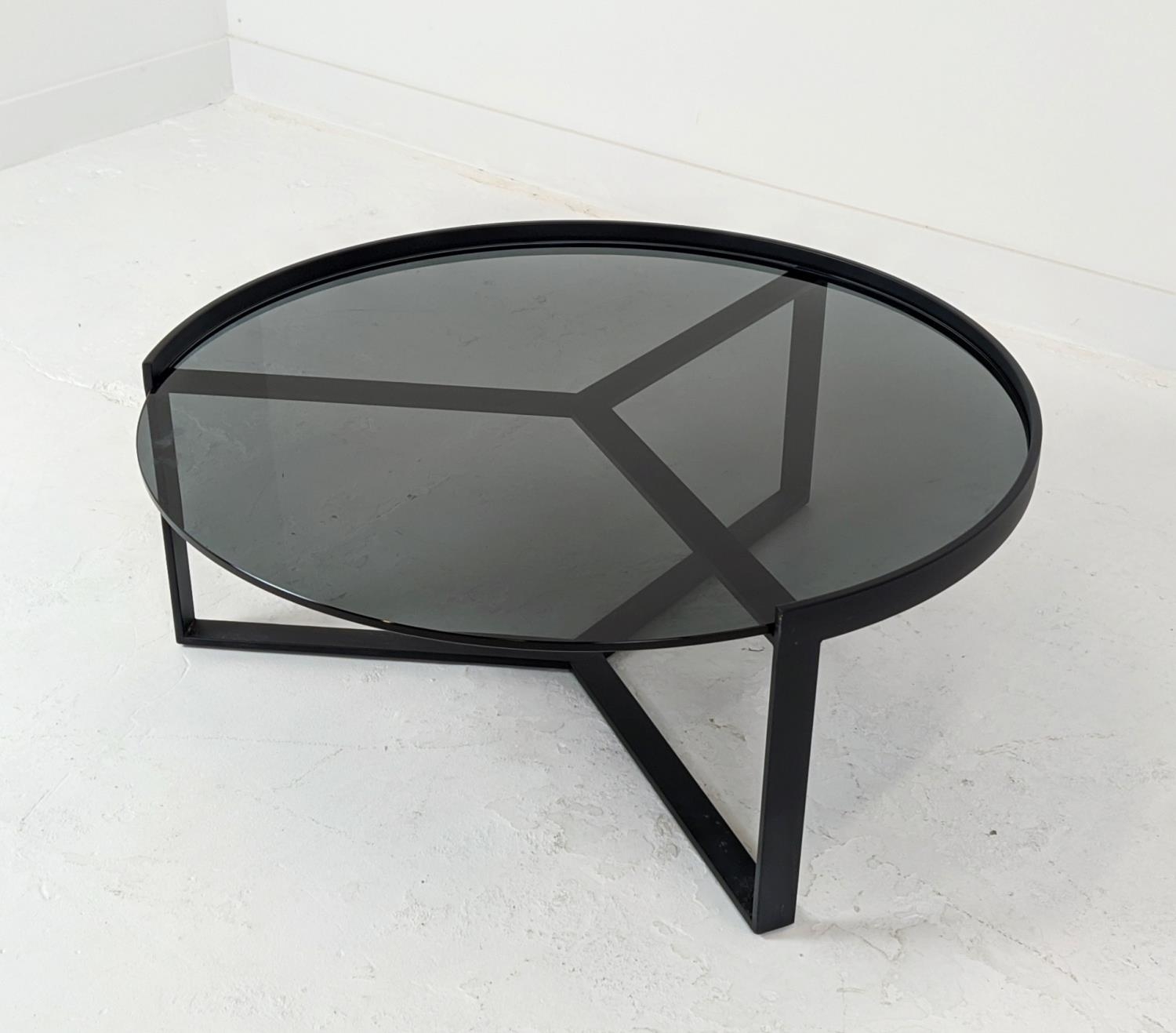 LOW TABLE, with a circular smoked glass top on a metal frame, 91cm W x 37cm H. - Image 3 of 6