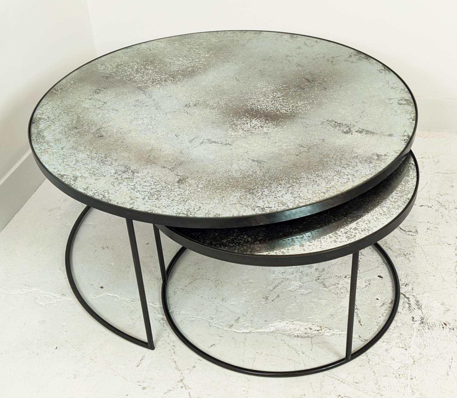 LOW TABLES, a nesting pair, with circular antiqued mirrored tops, largest 90cm W x 42cm H. - Image 7 of 8