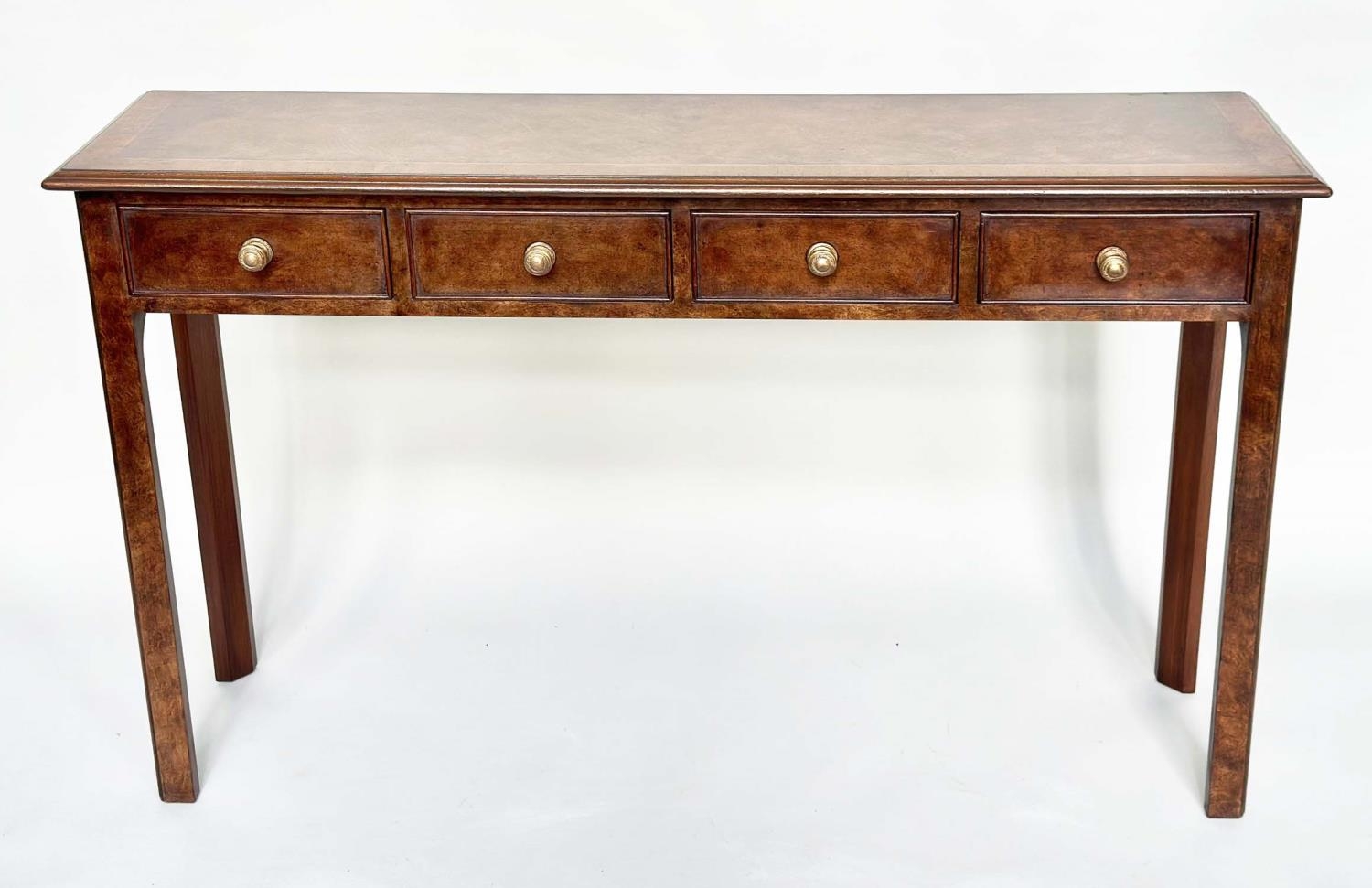 HALL TABLE, George III design burr walnut crossbanded with four frieze drawers and chamfered - Image 3 of 14