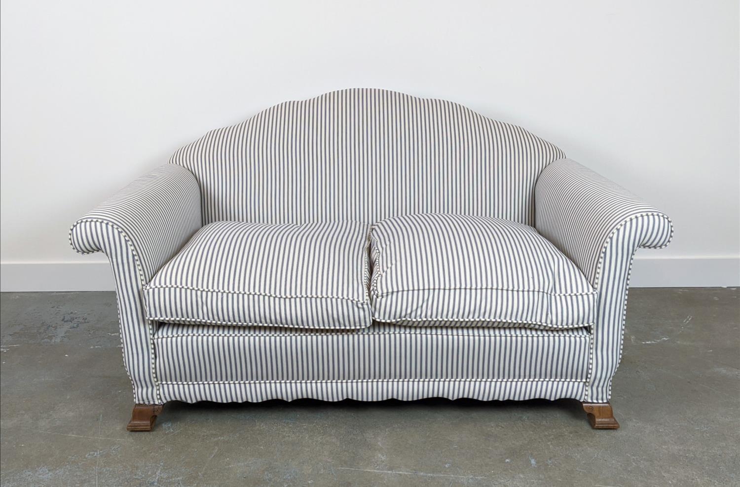 SOFA, early 20th century walnut in new ticking upholstery, 80cm H x 154cm.
