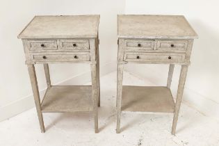 BEDSIDE TABLES, a pair, painted in French taste, each with three drawers, 74cm H x 44cm W x 35cm