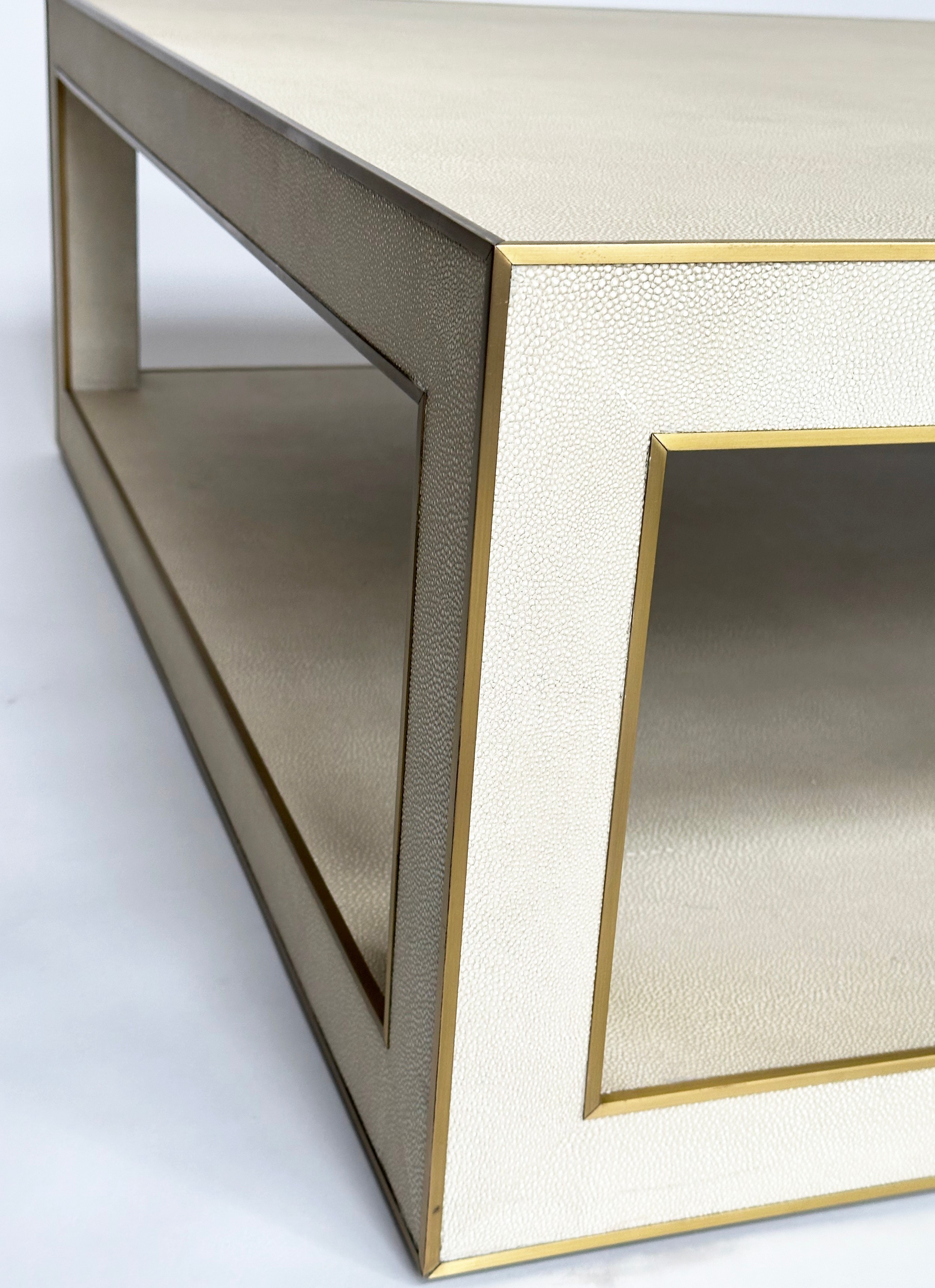 LOW TABLE, faux shagreen and metal bound with undertier, 170cm x 109cm x 38cm H. - Image 3 of 6