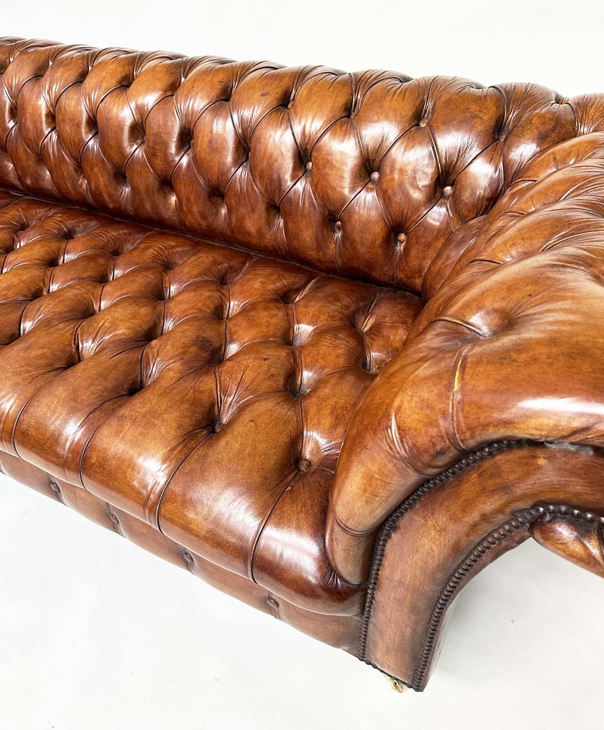 CHESTERFIELD SOFA, natural brass studded soft antique tan brown leather with deep buttoned arched - Image 9 of 9