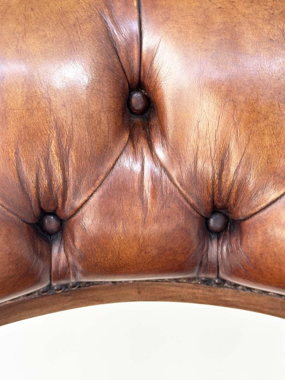 LIBRARY ARMCHAIRS, a pair, Georgian design antique studded and buttoned soft tan brown leather - Image 6 of 8