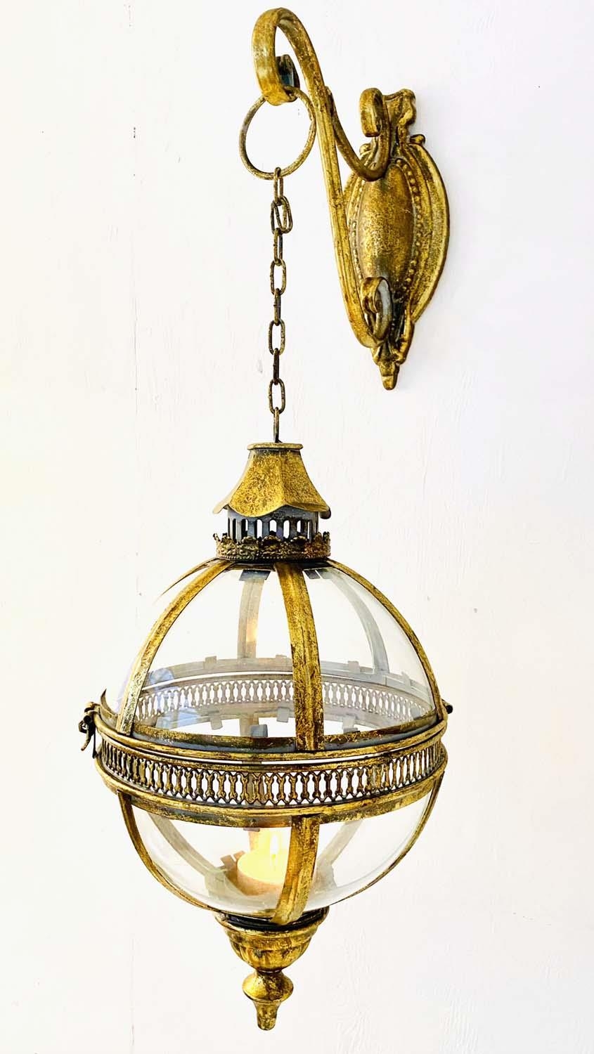 WALL HANGING GLOBE CANDLE LANTERNS, a pair, Regency style gilt metal, 80cm H x 25cm. (2) - Image 3 of 4