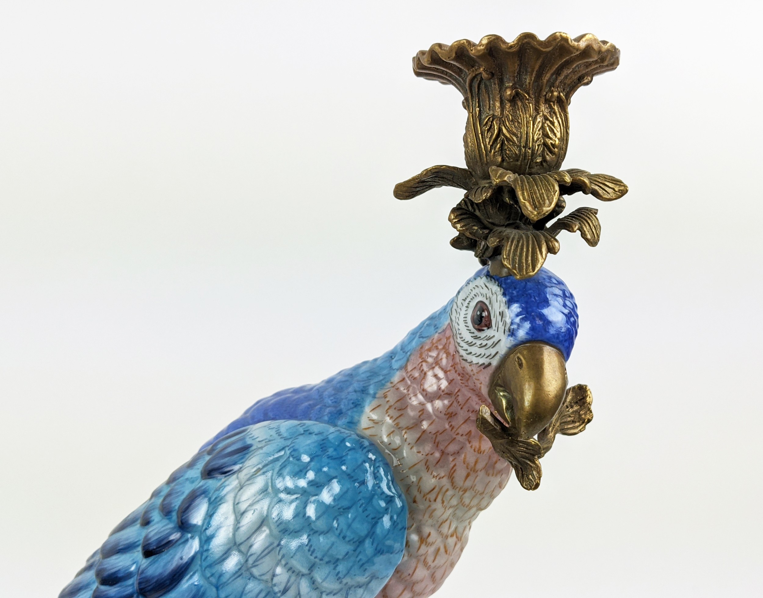 CANDLESTICKS, a pair, parrot design, ceramic and gilt metal, 51cm H. (2) - Image 3 of 6