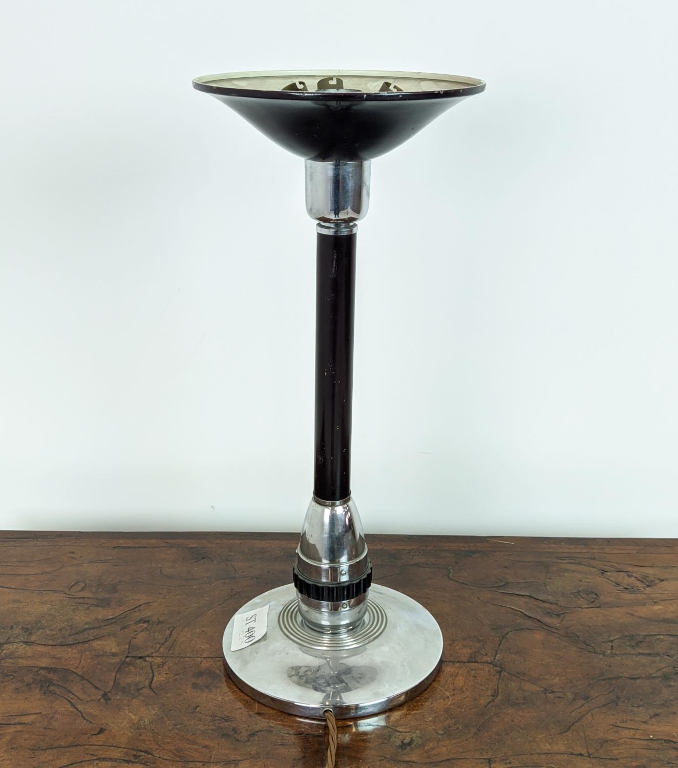TABLE UPLIGHTER, Art Deco polished metal with a black pole, 59cm H x 25cm. - Image 2 of 7