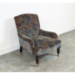 ARMCHAIR, late Victorian mahogany in patterned grey velvet on brass castors, 78cm H x 65cm x 74cm.