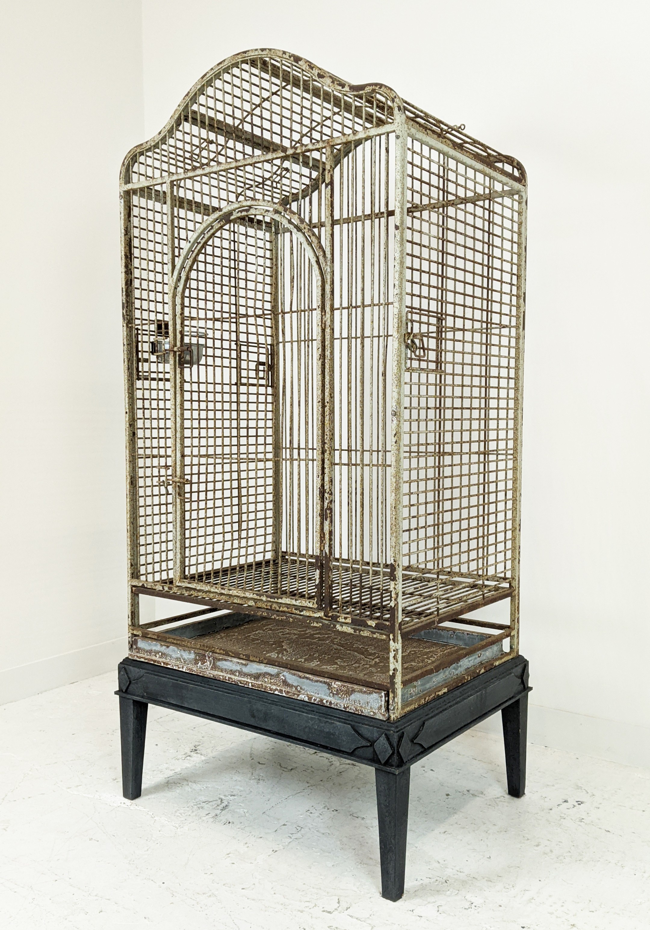 PARROT CAGE, painted iron on later ebonised stand, 178cm H x 86cm W x 66cm D. - Image 3 of 8
