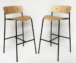 BAR STOOLS, a pair, bent wood with metal supports, 95cm x 76cm H (seat). (2)