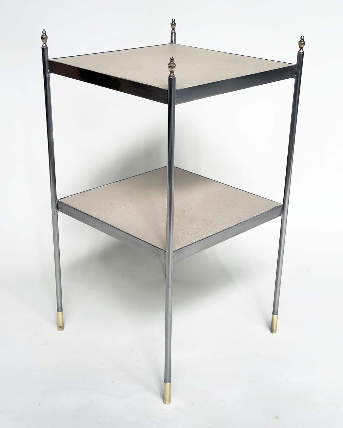 LAMP TABLES, a pair, early 20th century polished steel square two tiered each with neutral grained - Image 7 of 8