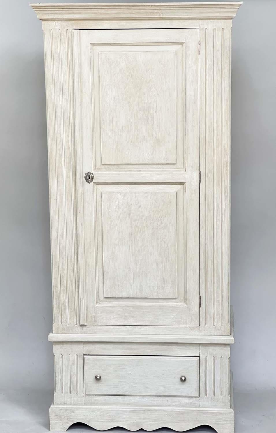 ARMOIRE, French style grey painted with single panelled door enclosing hanging space above a full