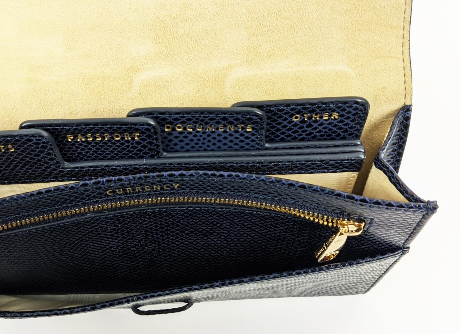 ASPINAL OF LONDON TRAVELLING WALLET, navy blue leather with contrasting suede and fabric lining, - Image 9 of 9