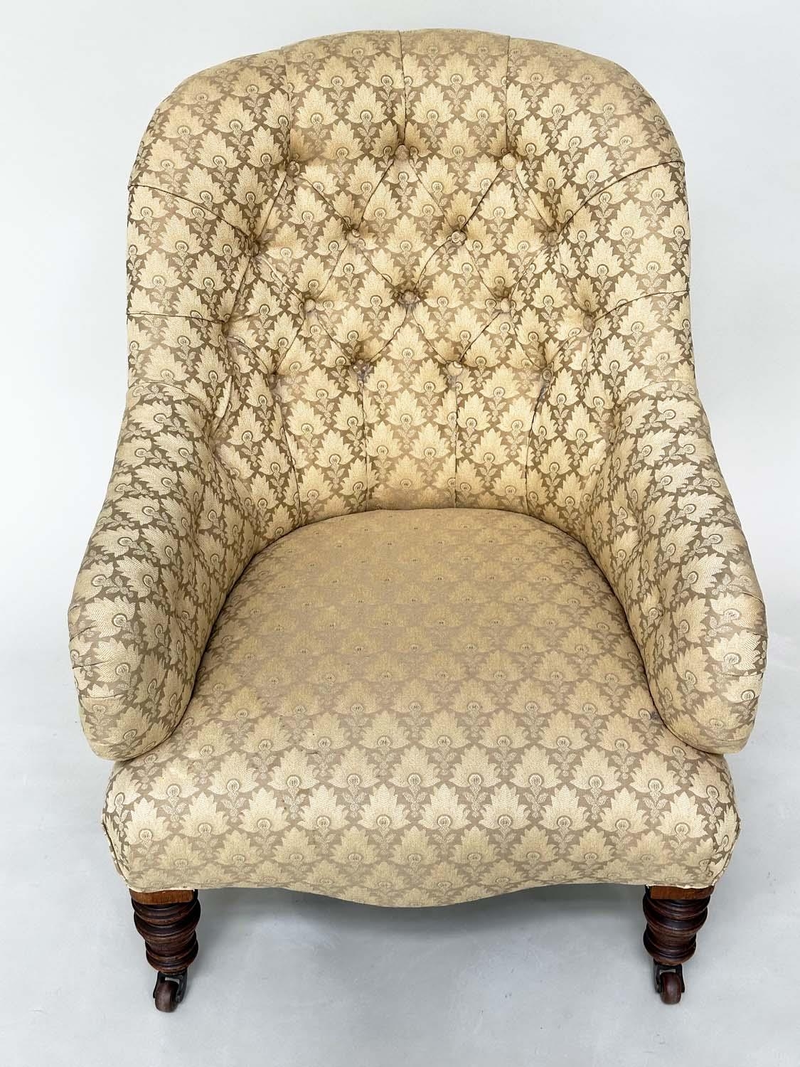 SLIPPER ARMCHAIR, 19th century walnut with two tone maple leaf print upholstery, 85cm H. - Image 2 of 10