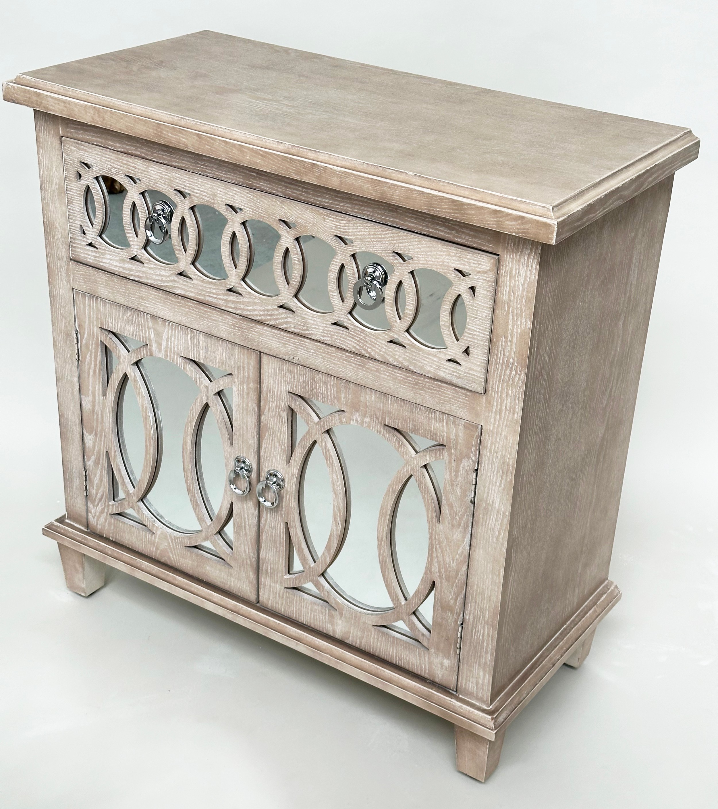 SIDE CABINET, limed oak, mirror panelled and tracery decorated with drawer and two doors, 80cm x - Image 6 of 7