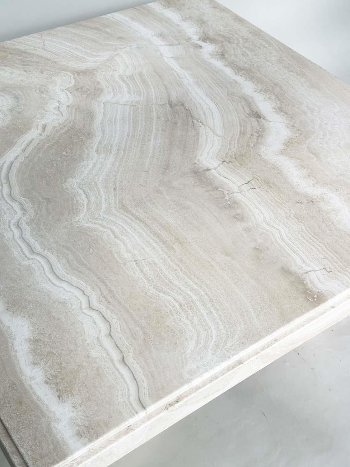 TRAVERTINE LOW TABLE, 1970's Italian travertine marble square with plinth support, 100cm x 100cm x - Image 3 of 9