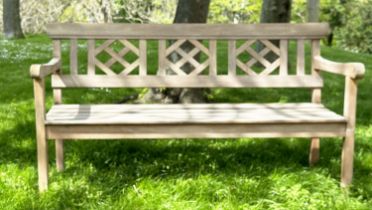 GARDEN BENCH, weathered teak with lattice back and slatted seat, jointed and dowelled, 160cm W.