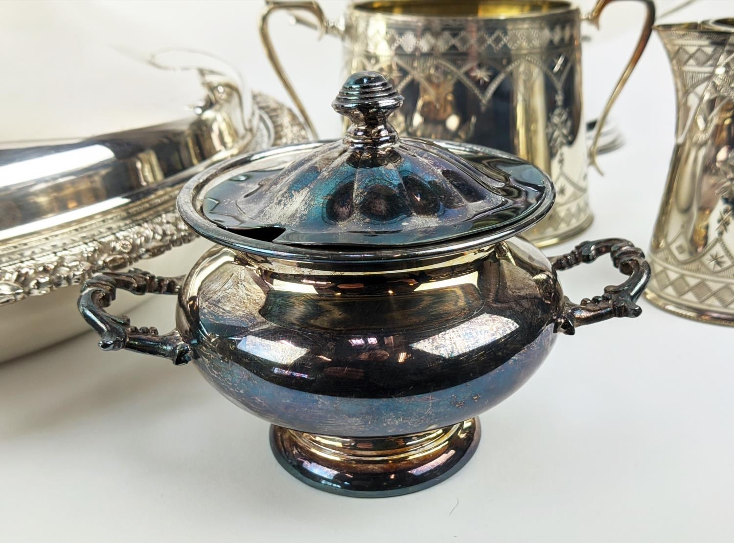 A COLLECTION OF SILVER PLATE, including Victorian tea and coffee service, entree dish, trays, twin - Image 9 of 39