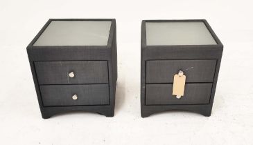 BEDSIDE CHESTS, a pair, grey fabric upholstered with two drawers and glass tops, 49cm H x 45cm W x