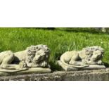 GARDEN LIONS, a pair, well weathered reconstituted stone recumbent, 21cm H x 42cm W x 22cm D. (2)