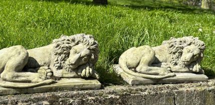 GARDEN LIONS, a pair, well weathered reconstituted stone recumbent, 21cm H x 42cm W x 22cm D. (2)