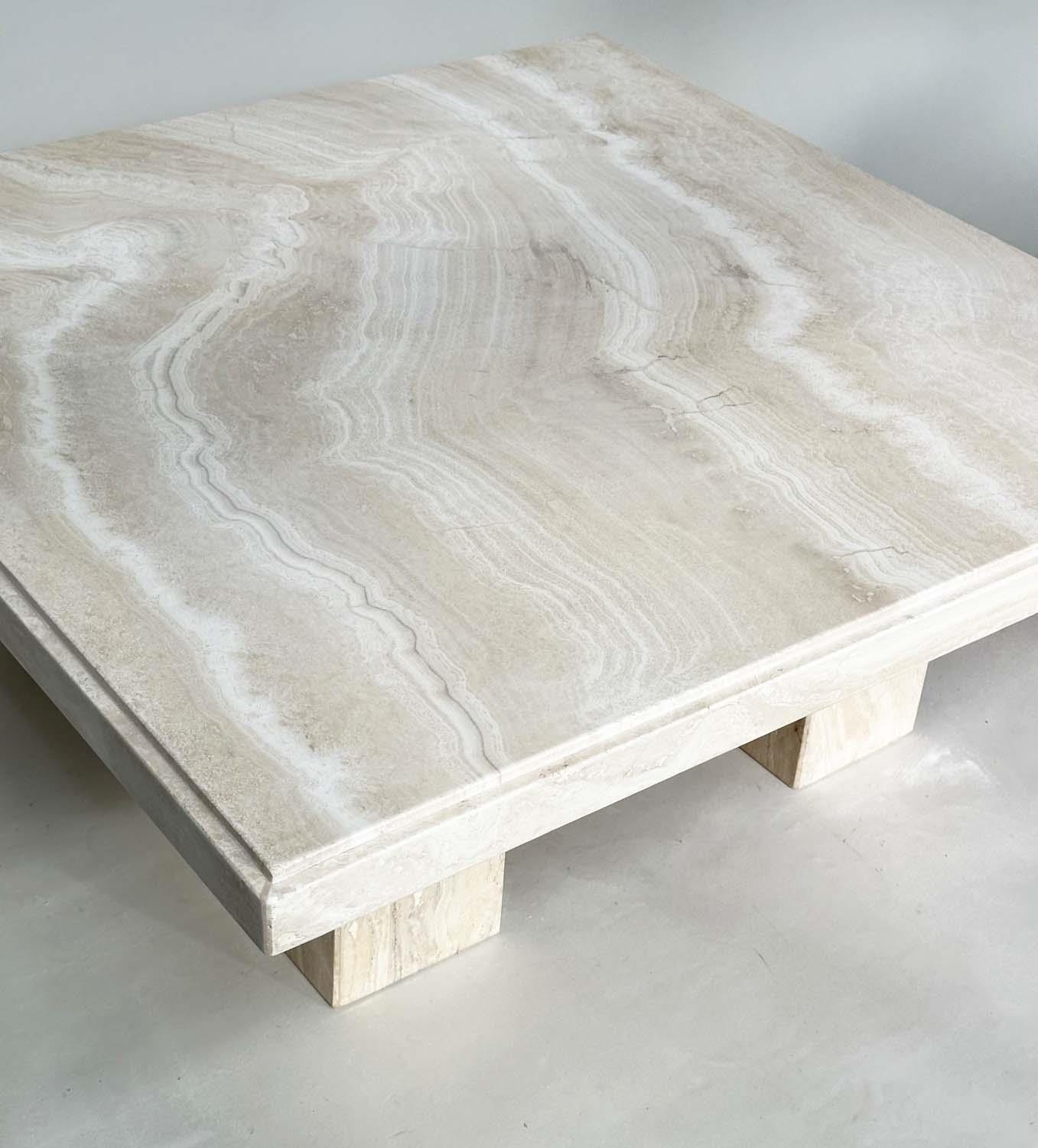 TRAVERTINE LOW TABLE, 1970's Italian travertine marble square with plinth support, 100cm x 100cm x - Image 2 of 9